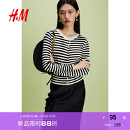 H&M【徐若晗同款】女裝毛針織衫秋慵懶短款打底衫miu系薄開(kāi)衫0579541 黑色/條紋 S 160/88