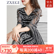 ZXEGI新款高檔100%真絲桑蠶絲連衣裙女高端品牌時(shí)尚大氣鏤空刺繡中長(zhǎng)裙 黑色 L （111-120斤）