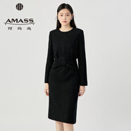 阿瑪施（AMASS）女裝2025秋季新款質(zhì)感優(yōu)雅毛呢亮片腰間蝴蝶結長(cháng)袖連衣裙550037 黑 XL (5)