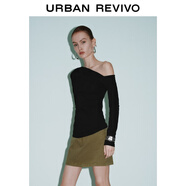 UR2025秋季新款女裝休閑斜肩領(lǐng)褶皺修身長(cháng)袖T恤UWM450130+ 正黑 L