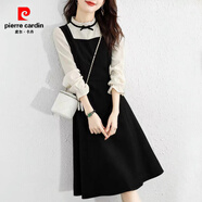 皮爾卡丹（pierre cardin）法式蕾絲邊假兩件拼接長(zhǎng)袖連衣裙春裝大碼胖mm收腰顯瘦小香風(fēng)裙子 黑色 M 建議80-100斤