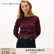 TOMMY HILFIGER【明星同款系列】秋冬女裝絞花肌理休閑通勤內搭羊毛衫毛衣 酒紅色XIH M （推薦：110-120斤）