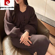 皮爾卡丹（pierre cardin）新中式盤扣民國感毛衣外套女秋冬新款修身包臀針織連衣裙兩件套裝 咖色毛衣套裝(普通版) L