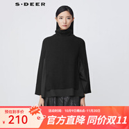 S.DEER圣迪奧女裝羅紋高領(lǐng)開衩拼接不規(guī)則黑色毛衣S21483505 黑色/91 S/160