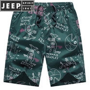 JEEP SPIRIT短褲男士夏季寬松休閑印花五分褲沙灘純棉家居大褲衩外穿褲頭潮流 0517墨綠 L 體重90-110斤)