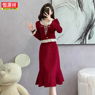 恒源祥小香風(fēng)套裝裙女2025秋冬新款收腰顯瘦感氣質(zhì)半身包臀裙兩件套 紅色套裝裙1084 S