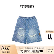 VETEMENTS夏季新款男女情侶同款滿(mǎn)提花工藝抽繩牛仔短褲 64367001 淺藍 S