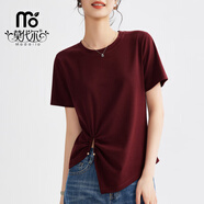 莫代爾2025春夏季新款感設計小眾短袖T恤女不規則下擺褶皺白t上衣 安可拉紅 M