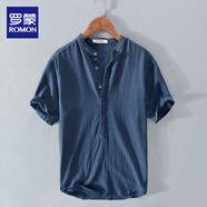 羅蒙亞麻短袖T恤男士套頭夏季亨利領(lǐng)中國風(fēng)文藝棉麻布體恤衫白色薄款 3306寶藍(lán)T恤 XL 碼