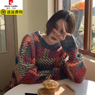 皮爾卡丹加大碼280斤胖mm圓領(lǐng)套頭毛衣女秋冬寬松慵懶風(fēng)復古千鳥(niǎo)格針織衫 紅色 2XL 【130-145斤】
