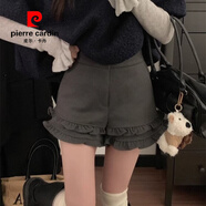 皮爾卡丹（pierre cardin）灰色木耳邊毛呢短褲女秋冬外穿打底褲甜美花邊高腰闊腿褲顯瘦靴褲 深灰色 XS
