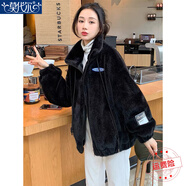莫代爾毛絨絨外套女2025秋冬季年輕款保暖寬松仿獺兔毛大衣短款加厚棉服 黑色 M 建議100-115斤