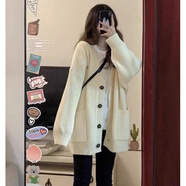 以純（YISHion）灰色中長款毛衣外套女秋冬外搭日系慵懶復古奶系穿搭軟糯針織開衫 米白色高質(zhì)量 M