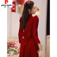 皮爾卡丹（pierre cardin）小個(gè)子少女改良民國(guó)風(fēng)旗袍年輕款日?？纱┚萍t色新娘禮服敬酒服裝 長(zhǎng)/袖不露背 XL