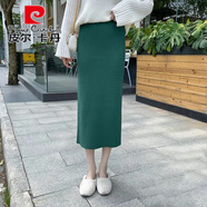 皮爾卡丹（pierre cardin）中長款針織半身裙一步裙包臀裙女秋冬季高腰長裙加厚開叉毛線裙子 綠色 S