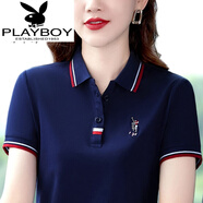 花花公子（PLAYBOY）女裝好棉短袖t恤夏季新款polo衫中年夏裝修身ins潮流運動(dòng)翻領(lǐng) 寶藍/XH6602【啄木鳥(niǎo)】 XL (建議112-122斤)【啄木鳥(niǎo)】