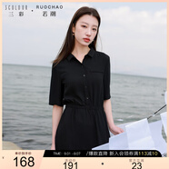 三彩大碼女裝2025夏新款翻領(lǐng)連衣裙中袖開叉松緊腰簡約寬松高腰胖MM