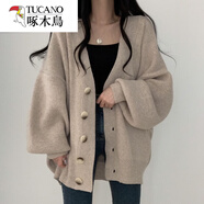 啄木鳥羊毛2025秋冬新款學(xué)院慵懶風(fēng)單排扣寬松燈籠袖針織開衫毛衣外套女 杏色 厚款 S