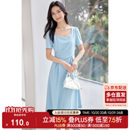 尚都比拉輕職場連衣裙女夏季收腰中長裙泡泡袖裙子 淺藍色152L80063  L