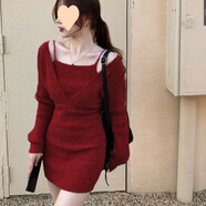 UKUHPK針織連衣裙女假兩件黑色長袖包臀短裙秋冬2025內(nèi)搭打底裙子 酒紅色 M