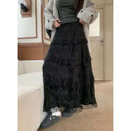大碼韓版絲絨半身裙女秋季溫柔風(fēng)蛋糕裙胖MM遮肚顯瘦蕾絲蓬蓬裙子 黑色 XXS S建議8090斤