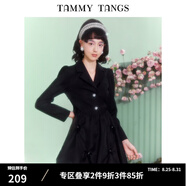 糖力【商場同款】春秋新款黑色長袖歐根紗擺西裝連衣裙女 黑色 XL