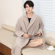 貓人（MiiOW）法蘭絨男士睡袍秋冬季加絨加厚保暖酒店浴室溫泉浴袍中長(cháng)款家居服 紐扣款T63-B卡其-加長(cháng)加厚 4XL