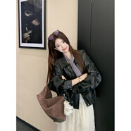 覆古美式翻領(lǐng)長(cháng)袖皮衣外套蕾絲拼接半身裙女2025秋季時(shí)尚套裝 外套 S