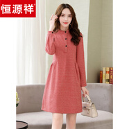 恒源祥中年千鳥(niǎo)格毛呢裙子小個(gè)子女2025秋冬寬松顯瘦遮肚長(cháng)袖連衣裙女 紅色 M