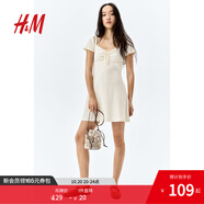 H&M女裝連衣裙2025年秋季新款蕾絲邊喇叭裙擺連身裙1275441 奶油色 S 160/88