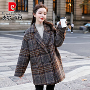 皮爾卡丹2025早秋新款小外套格紋口袋毛呢西裝外套女小西裝氣質(zhì)大衣小香風(fēng) 橘格 S