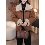 皮爾卡丹翻領(lǐng)耐臟皮毛一體外套短外套女2026年冬裝新款加絨小個(gè)子上衣加厚 卡其色 M 建議100-115斤