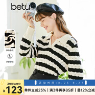 百圖betu女裝春季新款毛針織衫時(shí)髦翻領(lǐng)條紋毛衫針織衫女2301T07 黑白條 M