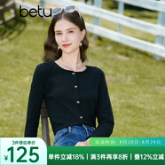 百圖betu女裝秋新款T恤圓領長袖精致蝴蝶結紐扣針織T恤女2308T19 黑色 S