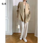 兔系蝙蝠衫女秋款高克重雙面針織加厚氣質(zhì)翻領(lǐng)寬松大毛衣秋冬外套 淺卡色 均碼
