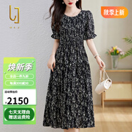 OLJ高檔品牌連衣裙女2025年夏季新款時(shí)尚氣質(zhì)優(yōu)雅復(fù)古圓領(lǐng)碎花裙子 黑色 L 【111-120斤】