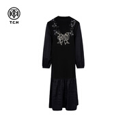TCH輕奢初秋款潮牌時尚燙鉆拼接設計感百搭顯瘦連衣裙女T75C30E1060 黑色 M 100-120斤