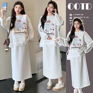 孕婦套裝春秋純棉時(shí)顯瘦減齡氣質(zhì)可愛(ài)圖案印花衛衣+半身裙兩件套 圖片色套裝 M