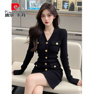 皮爾卡丹（pierre cardin）氣質(zhì)名媛修身黑色針織連衣裙女2025秋冬新款時(shí)尚V領(lǐng)毛衣包臀短裙 黑色連衣裙 L (105-115斤內)
