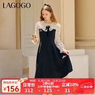 LAGOGO雪紡泡泡袖蝴蝶結(jié)連衣裙女拉谷谷娃娃領(lǐng)優(yōu)雅舒適拼接裙子 黑白(WV) L 165/40