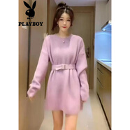 花花公子（PLAYBOY）韓版收腰顯瘦毛衣裙女中長(cháng)款洋氣圓領(lǐng)套頭針織打底衫配腰帶連衣裙 淺紫色 關(guān)注店鋪優(yōu)先發(fā)貨官方旗 S 【80斤以下】