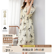 尚都比拉氣質(zhì)印花連衣裙女夏季高級感系帶領(lǐng)收腰顯瘦長(cháng)款a字裙 杏底黑花 L