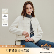 茵曼法式閃絲編織流蘇外套2025秋女裝新款短款粗花呢上衣 珍珠白 M
