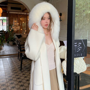 學(xué)子言狐貍毛領(lǐng)雙面呢外套女mini狐貍毛領(lǐng)雙面羊絨大衣女連帽2023冬新款 奶米色 羊毛 S