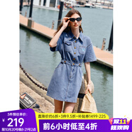 Olrain歐芮兒法式牛仔連衣裙女夏新款復(fù)古收腰小個(gè)子愛(ài)心刺繡裙子 淺藍(lán)色 XL