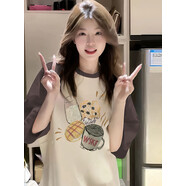 靈佰詩(shī)奴樂(lè )撞色插肩短袖T恤女大童夏季2025新款初中高中學(xué)院風(fēng)半袖上衣定制 棕色拼杏色-早餐圖 S