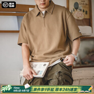 馬登工裝華夫格polo衫男商務休閑短袖半拉鏈重磅男士T恤夏季體恤潮牌 淺咖色 【抗皺t恤男/純色/高級感/美式復古短袖】 M 【今日下單 順豐包郵】
