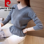 皮爾卡丹（pierre cardin）2025秋冬韓版女裝V領(lǐng)修身蝙蝠衫針織打底衫長(cháng)袖套頭毛衣女收腰 灰色 XL