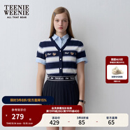 Teenie Weenie小熊女裝簡約時(shí)尚夏季個(gè)性條紋V領(lǐng)針織開衫短袖毛衫 藏青色 L