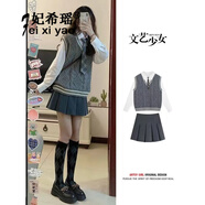 妃?，巎k制服連衣裙女2025秋冬新款女裝日系甜美減齡學(xué)院風(fēng)學(xué)生套裝裙子 馬甲+襯衫+百褶短裙 M